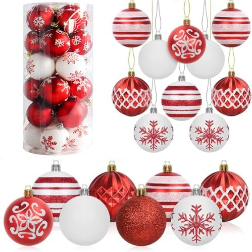 LATERN 24 Pièces Boules de Noël, 6CM Rouges et Blanches Ornements de Boule de Noël Boules à Suspendre Incassables pour l'arbre de Noëls Vacances Maison Noëls Faire la Fête Décoration (8 Styles)