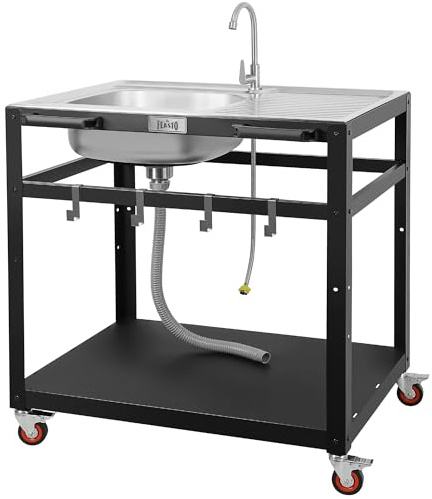 FEASTO 35-Inch Outdoor Grill Cart with Stainless Steel Sink, Rolling BBQ Prep Table with Faucet, Storage Shelves and Lockable Wheels for Patio, Backyard and Outdoor Cooking, Silver & Black