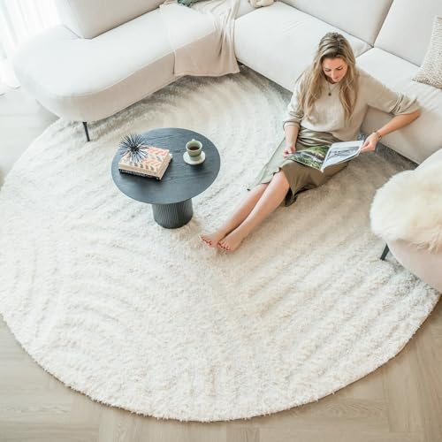 Teppich Skandinavisch Rund - Lova Arches Creme - Ø 120 cm | Einfarbig - Klassik, Industrielle, Modern, Skandinavisch - Wohnzimmer, Esszimmer, Schlafzimmer - Fellteppich