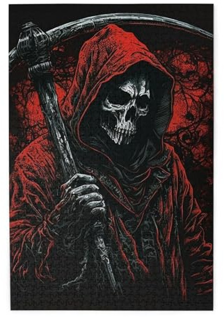 HERRECX 1000 Piece Jigsaw Puzzle - Grim Reaper Skull Sickle Dark Gothic red Wood Puzzle for Adults Teens Family Game Educational Toys Gifts