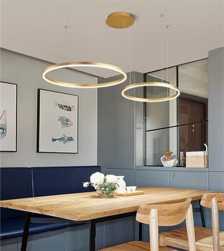 LED Pendellampe Wohnzimmerlampe Moderne Pendelleuchte Dimmbar Mit Fernbedienung Kronleuchter Metall Acryl Hängelampe Esstischlampe Schlafzimmer Deckenleuchte Beleuchtung Gold 2-Rings 40+60CM