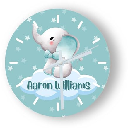 TheDogTagCo Personalisierte Glasuhr, Baby-Elefanten-Design, analoge Uhr, Andenken/Andenken für Neugeborene, Kinderzimmer-Uhr