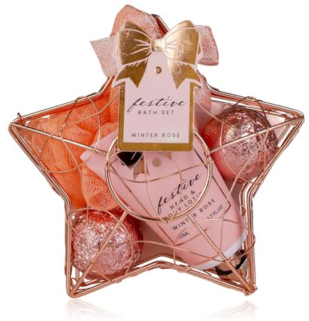 Accentra – Duschset Frauen Geschenkset FESTIVE in sternförmigem Drahtkorb rosé – 3-teiliges Pflegeset mit Hand- & Bodylotion, Badefizzer und Netzschwamm – Geschenk Set zum Geburtstag & Weihnachten