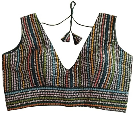 Vihu Fashion Ärmlös damblus med V-hals, Sabyasachi-tryck, sekvens, broderi, etnisk indisk blus, sare-blus, färdig för Lehenga Choli Stylis, grön