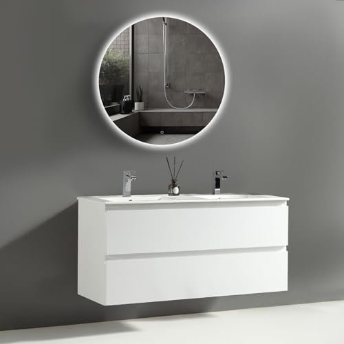 Alpenberger Lavabo con mobiletto, larghezza 120 cm, doppio lavabo | Mobile sottolavabo con lavandino | Specchio rotondo a LED (Vivento 120 bianco)
