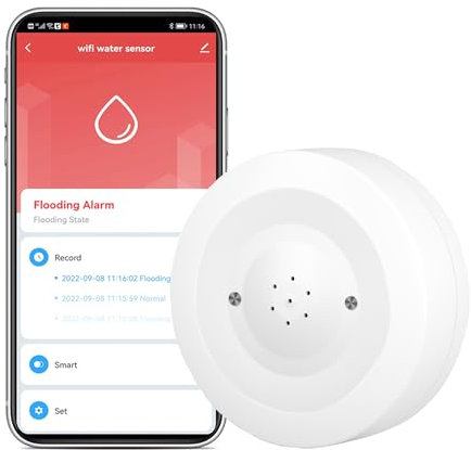 WiFi Water Ieak Detector: Smart Water Ieak Sensor with 80dB Alarm and App Alerts, Wireless Water Sensor with App Remote Control, Water Alarm for Home, Laundry, Kitchen, Basement