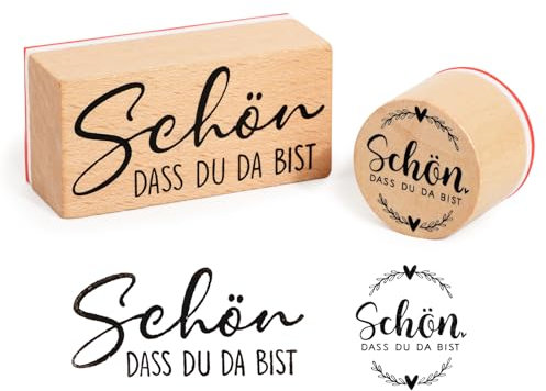 BETESSIN 2 Stück Stempel Holz Schön dass du da bist Holzstempel Rund Rechteck Motivstempel Set zum Kartenbasteln Sprüche Stempels Textilstempel für Einladung Grußkarte Geschenkverpackung Scrapbook