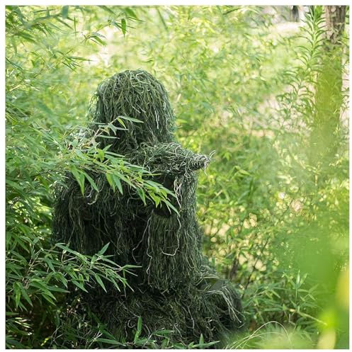 5-Teilige 3D Tarnanzug Camouflage Jagdbekleidung Jagdbekleidung Herren Einschließlich Jacke,Hose,Kapuze,Tragetasche Tarnumhang für CS Dschungeljagd Tierfotografie,ForestGreen-Kids