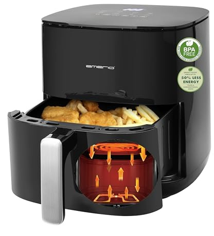 EMERIO Heißluftfritteuse mit 5L XL Volumen | für bis zu 4 Personen geeignet | neue Technologie: zwei Heizelemente aus Edelstahl (oben+unten) | 8 Automatikprogramme | 2000W | AF-131797.1