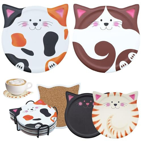OT-NVWOZR 4 Stück Katze Untersetzer Gläser mit Halter, Cartoon Keramik Glasuntersetzer Absorbierender Getränkeuntersetzer mit Korkboden, Dekorative Coasters für Tassen Becher Küche