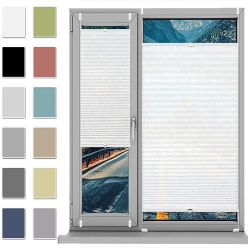 HUANQIN Jalousien Fenster Raffrollo, Fenster Plissee 66 x 80 cm, Plissee Ohne Bohren Nach Maß, Plissee Ohne Bohren Zum Klemmen, Jalousie Easyfix Faltrollo, für Fenster & Tür, Weiß