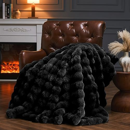 YBIKE Kunstpelz-Kuscheldecke mit Hase-Design Wurfdecke aus Blasenstoff 150x130cm, Luxuriöse Flauschige und Weiche Pelz-Sherpa Decke für Bett, Sofa, Couch (Schwarz)