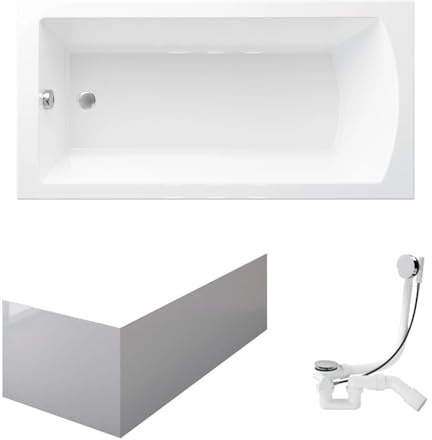 VBChome Badewanne 150x75 cm Weiß Acryl Schürze Wannenfüße Siphon Rechteckig Wanne Abfluss Design Modern Ablaufgarnitur in Chrom Badewanne mit Schürze