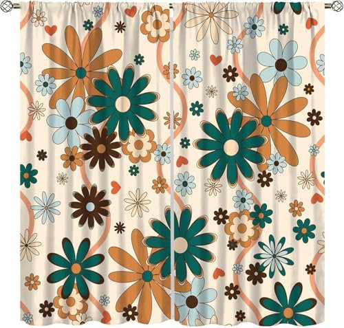Kinder Verdunkelungsvorhänge Bunte Retro-Blumen 3D Polyester Ösen Vorhang, Für Wohnzimmer Schlafzimmer Kinderzimmer Junge Mädchen Zimmer Blickdicht Schallschutzvorhänge 2Er Set 170 (B) 9426352177237