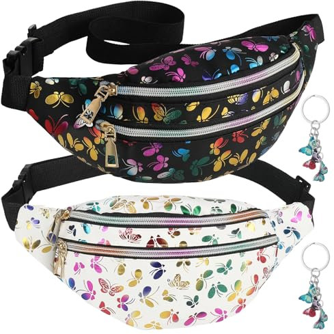 Halinuia 2 Stücke Bauchtasche Glitzer Gürteltasche Damen Mädchen Wasserdicht Sporttasche Mode Hüfttasche mit Stern Schlüsselanhänger für Reiten Radfahren Laufen Camping Sport(Schwarz+Weiß)
