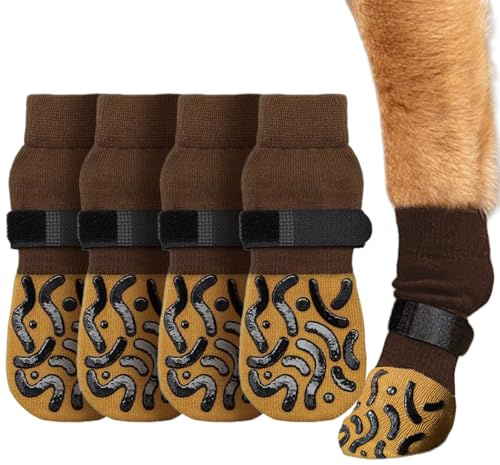 UILYNIU 2 Paar Hundesocken Anti-Rutsch, Weiche Socken für Den Pfotenschutz von Hunden, Hundeschuhe Pfotenschutz mit verstellbaren Riemen, Hundesocken für Hunde im Innenbereich im Freien (Braun)