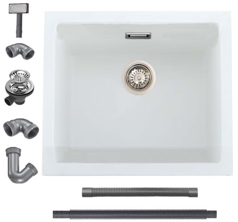 iAnomla Quartz White Kitchen Sink, 50x45cm/20x18in, Composite Inset/Undermount Kitchen Sink Waste Kit,Single Bowl Commercial with Overflow, Suitable for Workstation