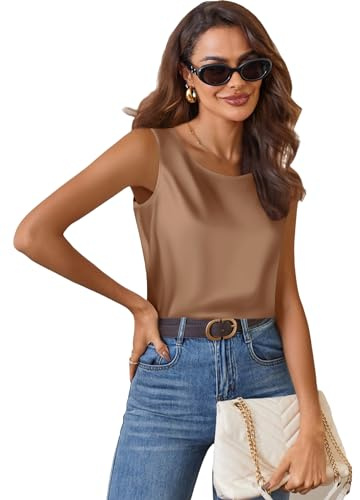 Zeagoo Elegant satin topp dam basic siden topp rund hals casual linne ärmlös linne satängblus, Kamel, XS
