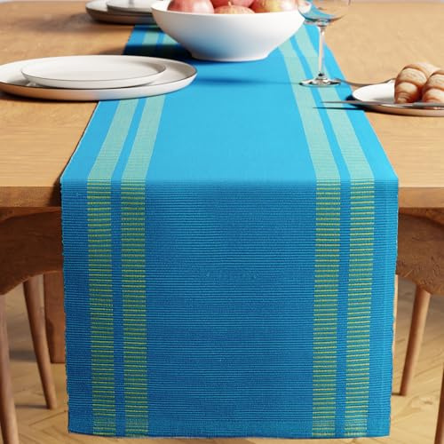 Encasa XO Camino de Mesa, Algodón Canalé Fino 13x59 Escalera Azul Turquesa