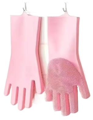 Rubber Gloves,Rubber Gloves 5Pairs Silicone Dishwashing Gloves Reusable Rubber Kitchen Scrubber Gloves Soft Bristles Cleaning Washing Gloves Dishwashing Gloves(Pink)(Pink)