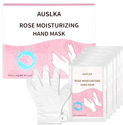 AUSLKA Hand Mask Moisturizing Glove 6 Pairs, Hand Care Moisturizing Gloves with Shea Butter, Hydrating Masks for Dry& Dead Skin, Men Women (Rose)