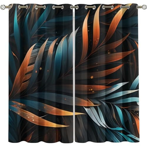 Kinder Gardinen Kinderzimmer Junge Mädchen Blickdicht Schwarz Braun Blau Blätter Kunst 280X260Cm 2Er Set Verdunkelungsvorhang Thermovorhang Hitzeschutz Vorhänge Wohnzimmer Schlafzimmer Vorhänge Mit