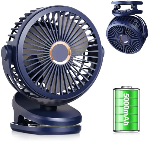 Ventilator mit Clip, 5000mAh USB Ventilator, 720° Drehung Mini Ventilator Akku, 4 Geschwindigkeiten Tragbarer Tischventilator Leise, Akku Ventilator für Camping,Auto,Desktop,Kinderwagen (B 5000mAh)