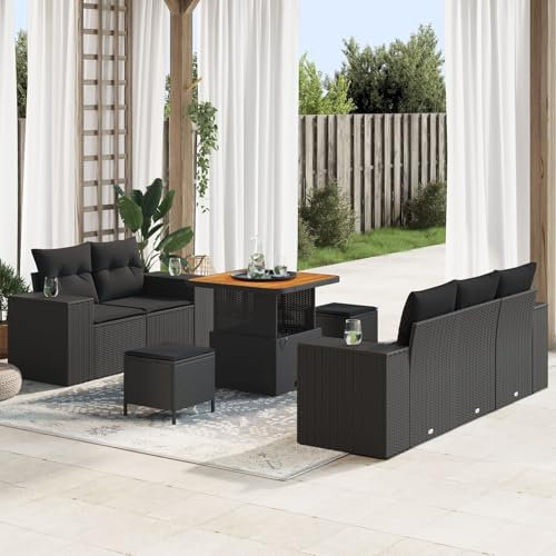 vidaXL 8-delat trädgårdsoff-set med kuddar i svart poly rattan, justerbart, lättskött och bekvämt utomhussittmöbel för sammankomster, modulär couch, patio, PE sektion