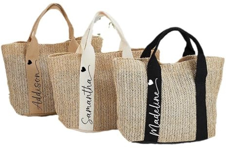 Shangyue Personalisierte Stroh-Strandtasche für Damen, personalisierte Strohtasche mit Namen, Brautjungferngeschenke, gewebte Handtasche, Schwarz