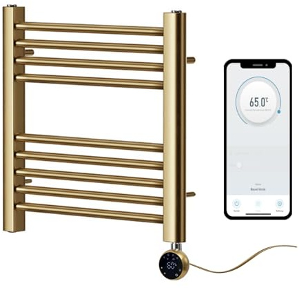Greened House Brushed Brass Electric Smart Heated Towel Rail WiFi Controlled 400mm W x 600mm H 7 Day Programmable Timer App Compatibility
