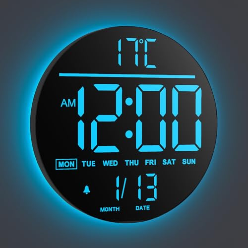 Maxstar Große Digitale Wanduhr mit Fernbedienung, 10-Zoll-Runduhr,8 RGB Farben, Modernes LED Display, Automatische Helligkeit, Sommerzeit, Temperatur, Wecker für Wohnzimmer, Schlafzimmer, Küche Dekor