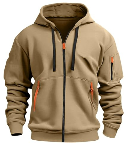 Aulemen Hoodie herr med dragkedja långärmad sweatjacka herr flera fickor smal passform dragkedja huvtröja för vardag och sport, kaki, 3XL