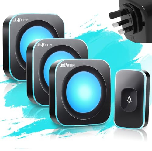 Wireless Doorbell 1200Ft Waterproof Door Bells for Home Plug in doorbell for Hearing Impaired Deaf Doorbell (1 Button & 3 Receivers)