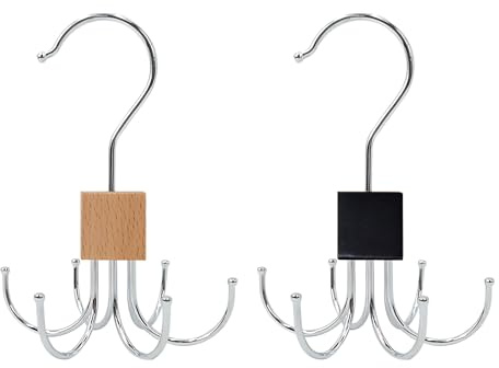 2 Pcs Belt Hanger for Wardrobe, 360° Rotatable Tie Rack Hanger, Hanging Swivel Belt Rack with Heavy Duty 6 Hooks for Space-Saving Tie Bags Scarves Storage Wardrobe (Black and Wood Color)