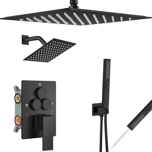 Aolemi Ensemble de robinet de douche à montage au plafond, valve brute et garniture de douche de 40,6 cm et 15,2 cm, double pommeau de douche 2 en 1, bouton poussoir inverseur, noir mat