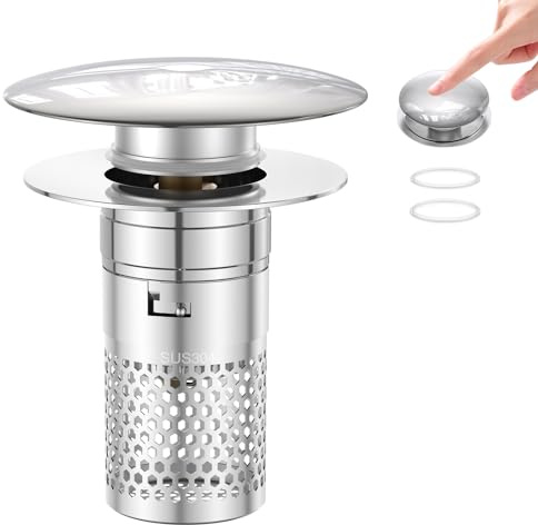 Waschbeckenstöpsel Pop Up mit Verstopfungssicherem Siebkorb aus Edelstahl 304, 3-in-1 Abflussstopfen Waschbecken, Pop-Up Abflusssieb für Badezimmer und Küche (33-40mm)