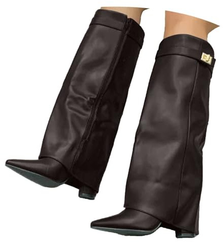 Stivali Donna Invernali Cowboy Stivaletti Alti Tacchi Biker Fold Over Boots con Tacco