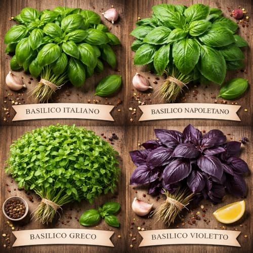 Semi di Basilico 4 Varietà Antiche, Napoletano Greco Italiano Violetto, Profumi Intensi, 3200 Semi