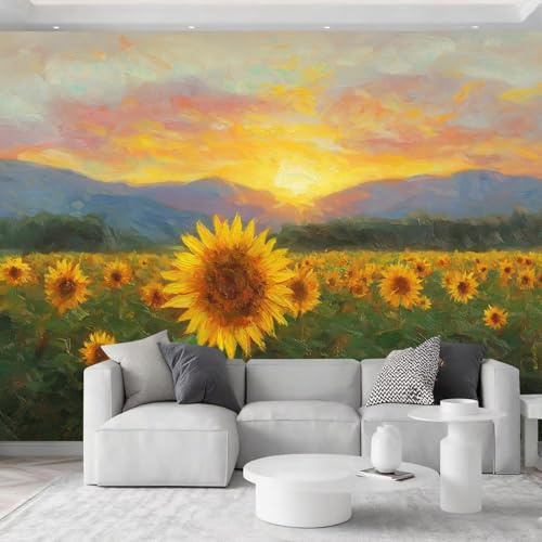 Fotomurales Tejido No Tejido 200 x 140 cm - Papel Pintado Fotográfico Retro Pintura Al Óleo Flores Girasol Murales Dorado Póster para Niños Juvenil Salón Dormitorio Decoración Del Hogar