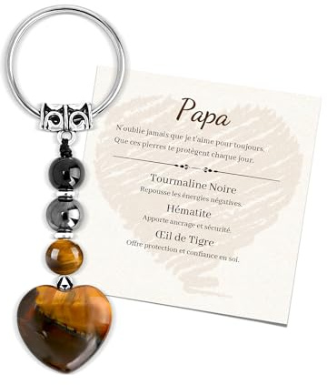 Idee Cadeau Homme Porte Clef Coeur Oeil de Tigre Bijoux de Sac Accessoires | Cadeau Anniversaire Noël Fêtes des Pères Grands-pères pour Papa Papy Beau-père Tonton Parrain Frère Fils