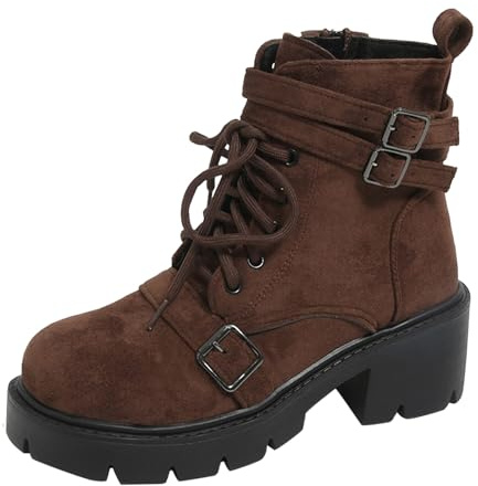 krxodiuoiy Botines con cordones para mujer, tacón de bloque, botines con cremallera, suela de perfil, botas de motorista, punta redonda, botines para mujer, botas cortas antideslizantes para mujer