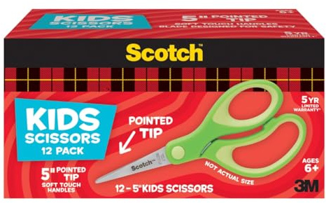 Scotch 5 Soft Touch Blunt Tip Kids Scissors, 12 Count Teacher’s Pack, Green, All-Purpose Scissors for School and Crafts (1442P-12)