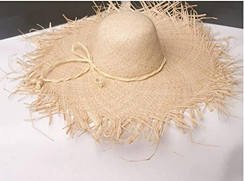 Sonnenhut Strohhut Hut Damen Große Strohhüte Mit Breiter Krempe Gewebter Kreis Fransen Strandkappe Aushöhlen Großer Strohhut-Beige_1