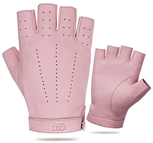 GSG SINCE 1998 Lederhandschuhe Damen Halbfinger – Fingerlose Fahrhandschuhe aus Schafsleder, atmungsaktiv und leicht, mit Druckknopf Rosa XL