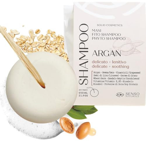 Senso Naturale Shampoo Solido con Olio di Argan Lenitivo e Delicato per Lavaggi Frequenti per Cute Sensibile 100% Naturale, Biologico, Vegano