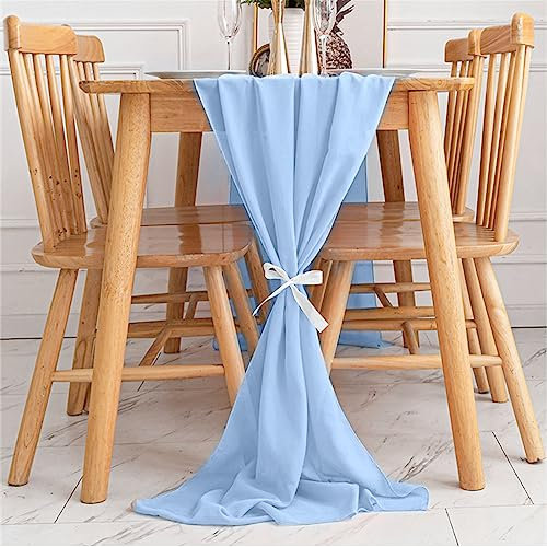 KAMEUN Chiffon Tischläufer, 300x70CM Tischläufer Babyblau Chiffon Dekorieren, Weiss Stoff Romantischer Hochzeitsläufer, Tüll Dekostoff für Hochzeit, Brautparty, Babyparty, Geburtstag,Partydekorationen