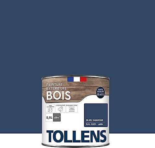 Tollens - Peinture extérieure bois 2 en 1 - Ultra Résistante - Finition Satin - Laque Riche en Résine - Pour Toute Boiserie Extérieure - Sans Sous-Couche - Satin - Bleu Marine - 0,5L = 8m2