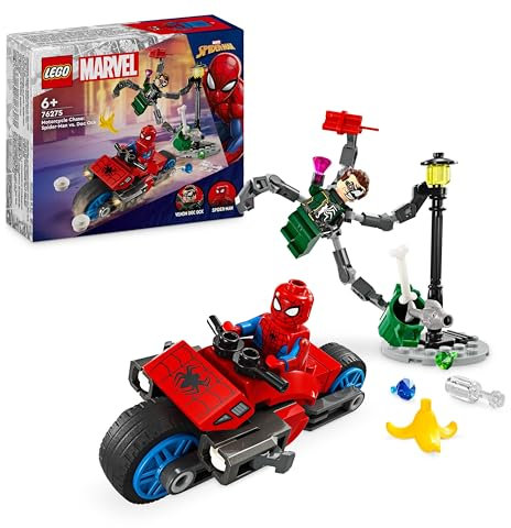 LEGO Marvel Motorcycle Chase: Spider-Man vs. Doc Ock, Motorbike Building Toy for Kids, Boys and Girls aged 6 Plus with Stud Blasters, Web Shooters & 2 Minifugres Incl. Spidey, Super Hero Gifts 76275