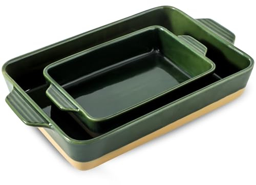 Howise Ceramic Baking Casserole Dish with Handles, Large 9x13 inch Pan and Middle Baking Pan - Porcelain Serving Bakeware Set (Forest Green)