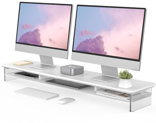Fenge Acryl Monitorständer Riser 108cm, Großer Dual monitorständer mit Metallregal, Schreibtisch Zubehör für Laptop/PC/Drucker/TV Bildschirm, Tragfähigkeit 45KG Weiß